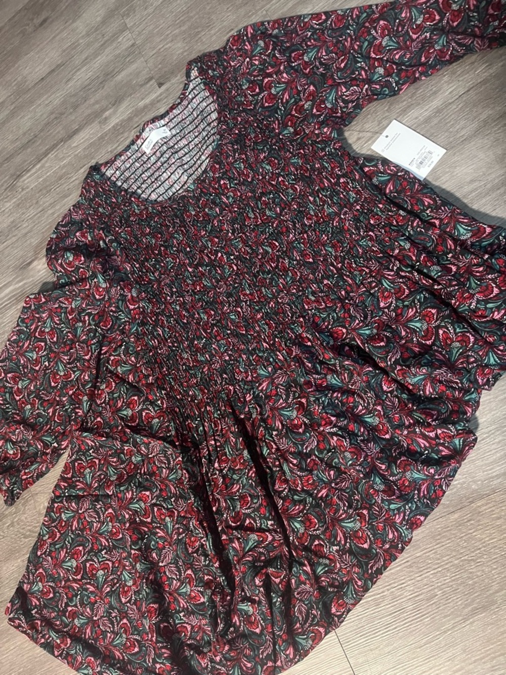 croft & barrow Red and Green Long Sleeve Floral Smocked Dress